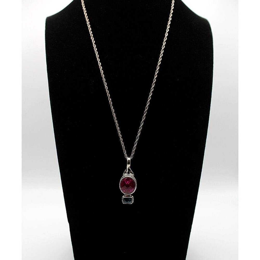 925 Sterling Silver Dark Pink & Blue Stone Pendant Necklace Multi Gemstone